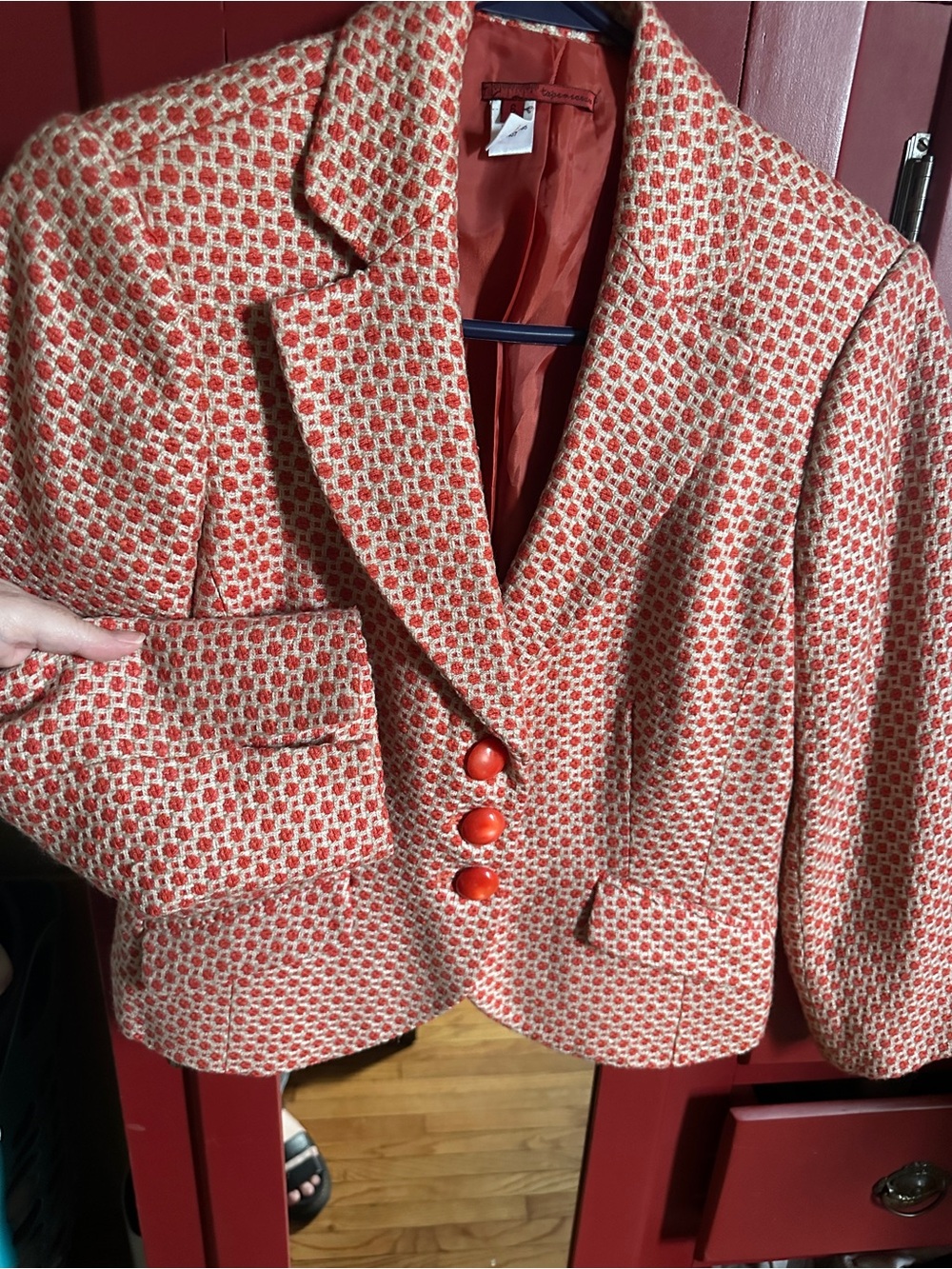Womens Orange & Cream Textured Button Front Blazer